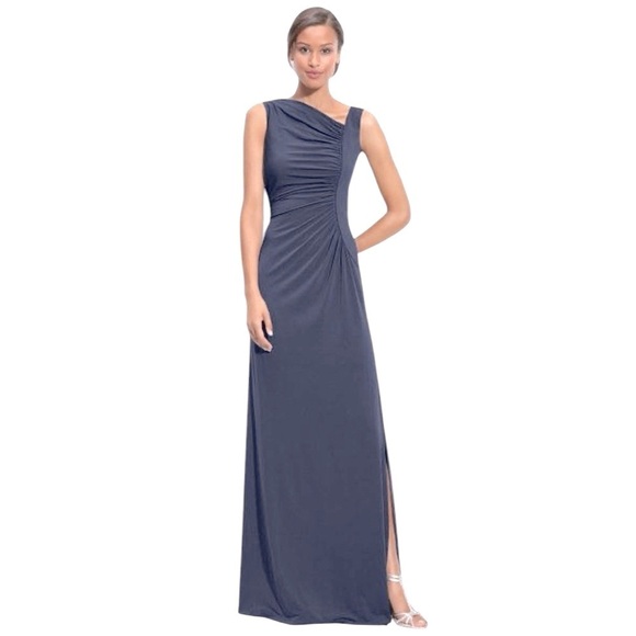 CALVIN KLEIN GRAY GATHERED FITTED SLIT CUTOUT FLOOR LENGTH EVENING GOWN DRESS - Picture 1 of 11